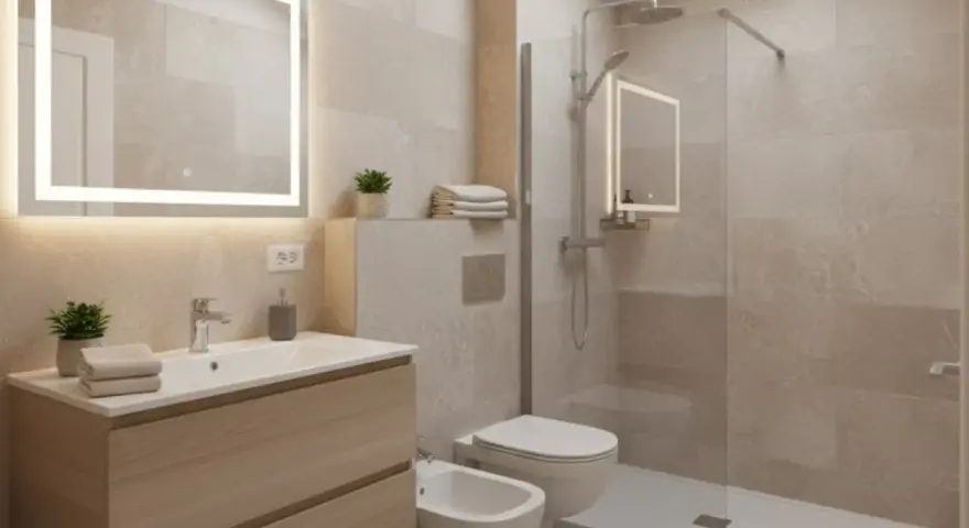 Bagno moderno con mobile lavabo in legno, specchio luminoso e doccia a filo pavimento. Ottime idee bagno per un look minimalista.