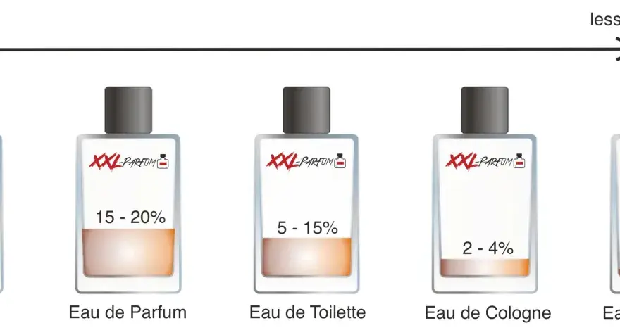 Cinque flaconi di profumo mostrano le concentrazioni di essenza: Parfum (20-30%), Eau de Parfum (15-20%), Eau de Toilette (5-15%), Eau de Cologne (2-4%), Eau de Fraiche (1-3%).