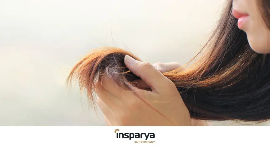 Mano che accarezza capelli sottili e diradati, mostrando la loro fragilità.