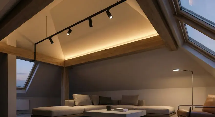 Accogliente mansarda con tetto spiovente, illuminazione soffusa e travi a vista. Un moderno sistema di faretti illumina l'ambiente, creando un'atmosfera calda e rilassante.