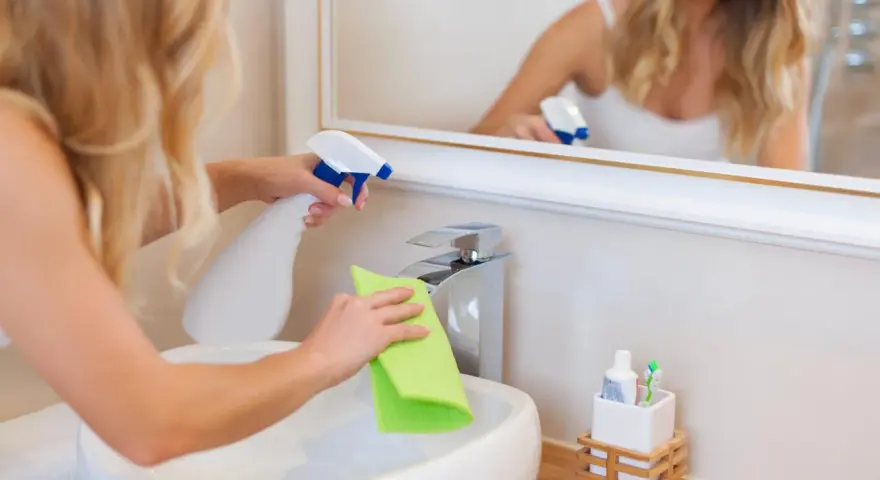 Donna pulisce il lavandino con uno spray, un passo fondamentale per come eliminare gli odori in casa e mantenere un ambiente fresco.