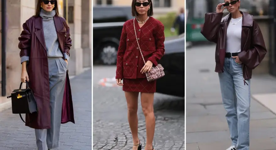 Tre donne sfoggiano outfit eleganti nel colore vinaccia: un trench in pelle, un completo giacca e gonna, e una giacca biker.