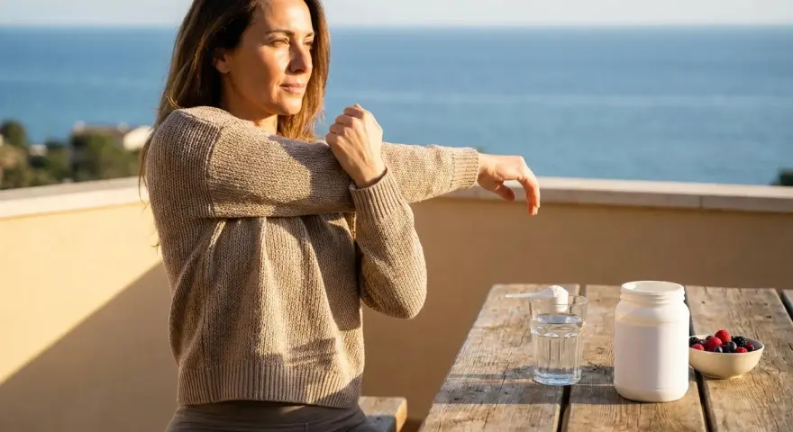Donna si allena all'aperto, con un integratore e frutti di bosco sul tavolo. Informarsi sui vital proteins controindicazioni prima dell'uso.