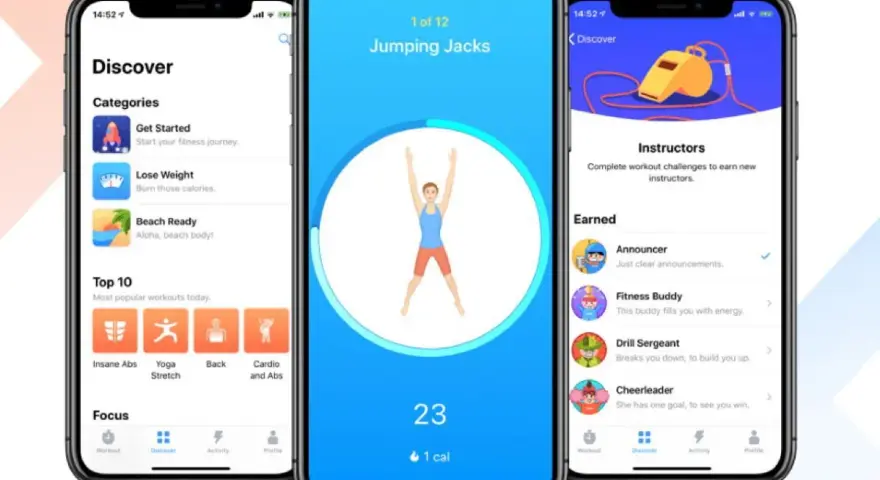 Schermate di app per il fitness con esercizi, categorie e istruttori. Le migliori app fitness per iniziare il tuo percorso.