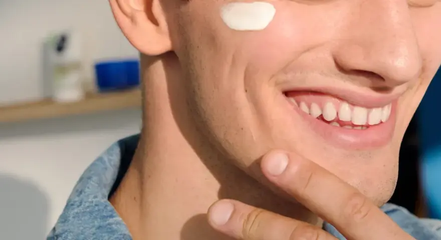 Uomo sorridente con crema sul viso, dopo la depilazione con rasoio. Pelle liscia e curata.
