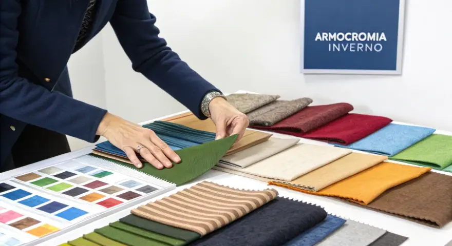 Mani che scelgono tessuti per una palette inverno. Campioni di stoffa in varie tonalità, dal verde al blu, dal beige all'arancione.