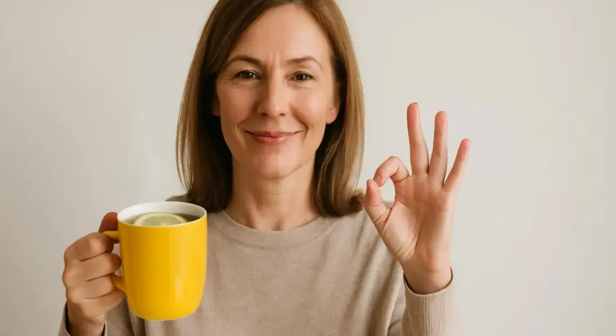 Woman holding a yellow mug with lemon and giving an OK sign.