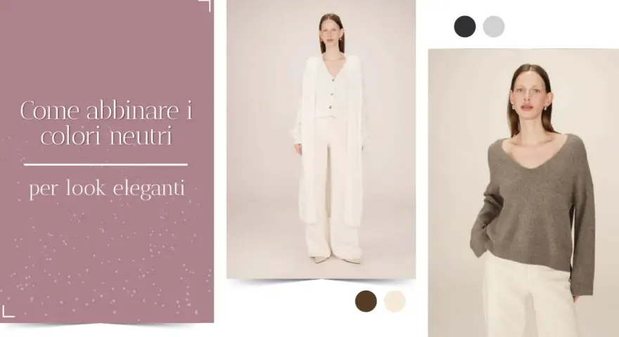 Look eleganti con colori neutri. Modella indossa un completo bianco e un maglione grigio, entrambi con colori desaturati.