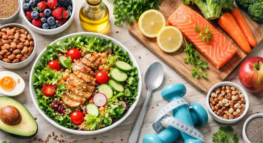 Dieta sana e allenamento per perdere peso in una settimana: insalata con pollo, salmone, verdure, frutta e pesi.