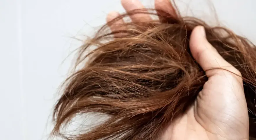 Mano che tiene ciocche di capelli castani, secchi e sfibrati, con punte visibilmente danneggiate, quasi capelli bruciati.