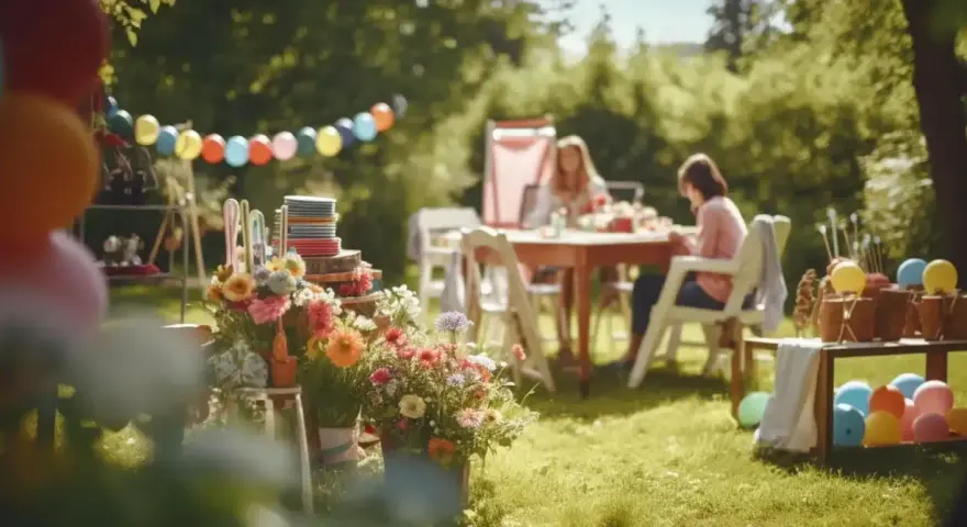 Festa in giardino con palloncini colorati, fiori vivaci e persone sedute a tavola.