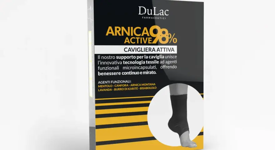 Cavigliera attiva DuLac con arnica per distorsione caviglia. Supporto tessile innovativo con agenti funzionali per un benessere mirato.