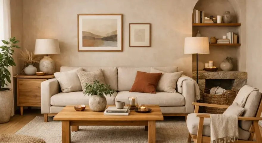 Caldi colori salotto moderno con divano beige, tavolino in legno e quadri astratti.