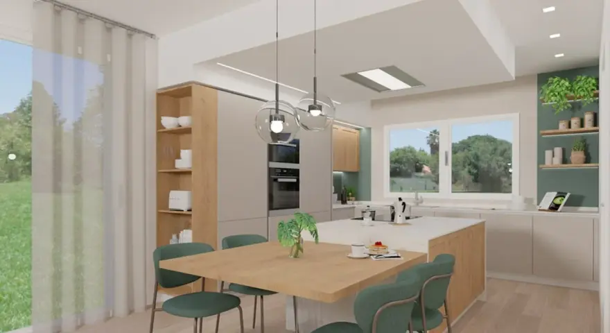 Cucina moderna con isola centrale, tavola in legno e sedie verdi. L'abbinamento colori arredamento crea un ambiente accogliente e luminoso.