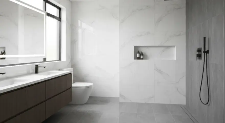 Bagno moderno con doppio lavabo, specchio illuminato, WC e doccia a filo pavimento. Ideale per capire come pulire la doccia e mantenere tutto splendente.