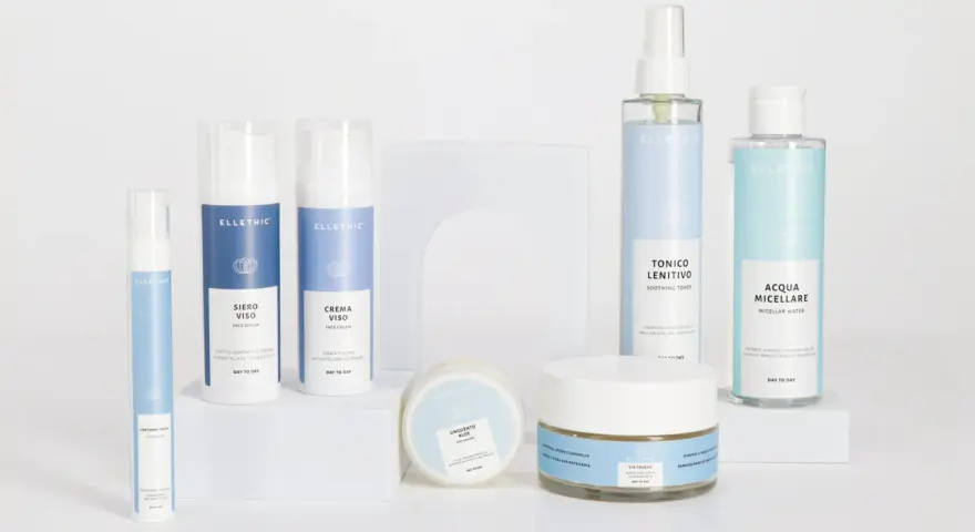 Una collezione di prodotti Ellethic per la cura del viso, tra cui siero, crema, tonico, acqua micellare e unguenti. Ottimi consigli beauty per una pelle radiosa.