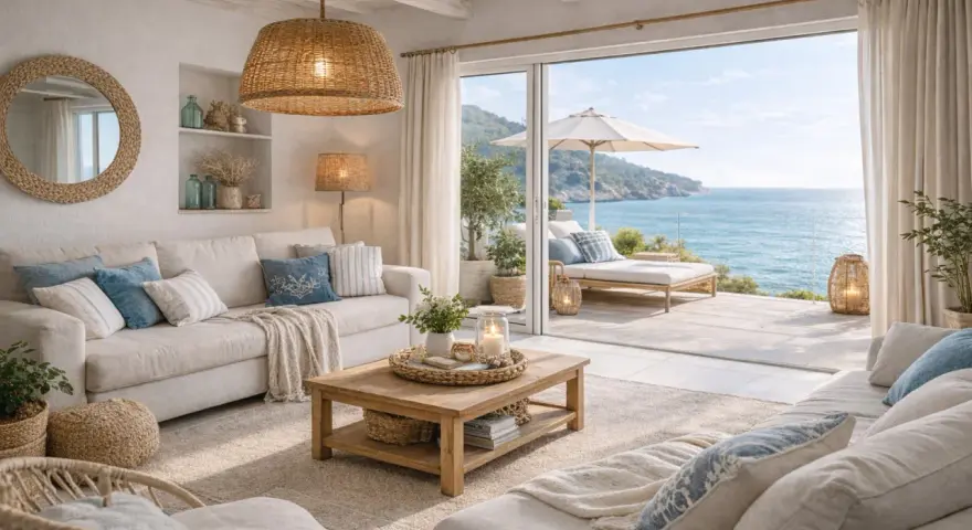 Soggiorno con vista mare, arredamento in stile mediterraneo con divani chiari, cuscini blu e legno naturale. Perfetto per case al mare arredamento.