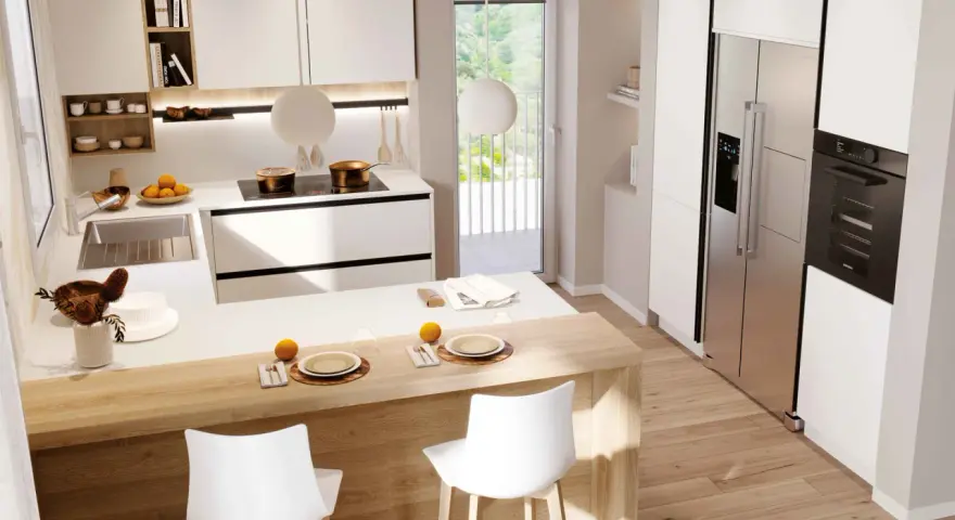 Modern white kitchen with a wooden island, bar stools, stainless steel fridge, and oven.
