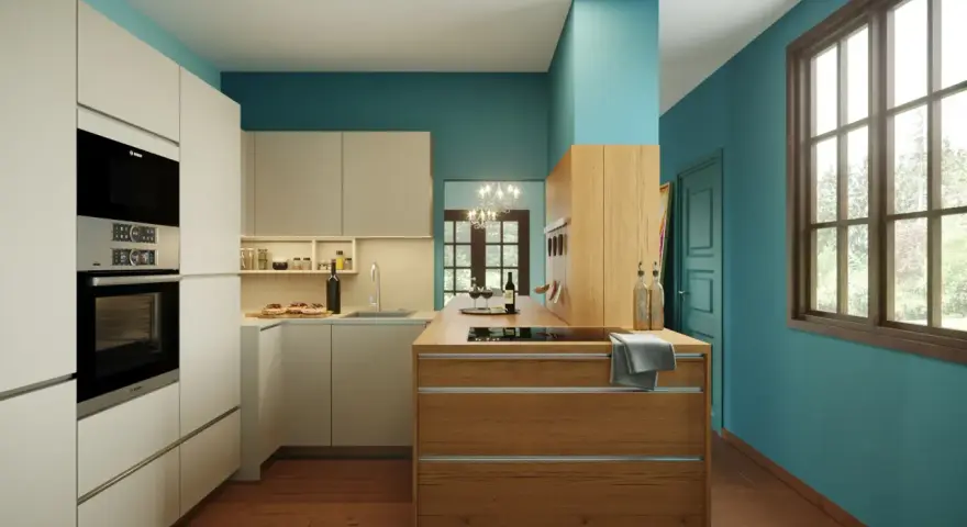 Cucine colorate con isola in legno e pareti turchesi. Un ambiente moderno e accogliente, perfetto per chi ama il design vivace.