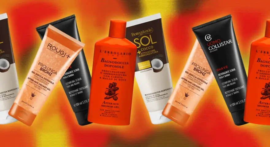 Prodotti doposole per come mantenere l'abbronzatura: gel doccia e scrub viso/barba.