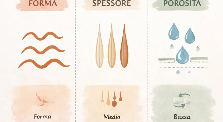 Illustrazione che mostra i diversi tipi di capelli: forma (ondulati), spessore (tre ciocche) e porosità (gocce d'acqua).
