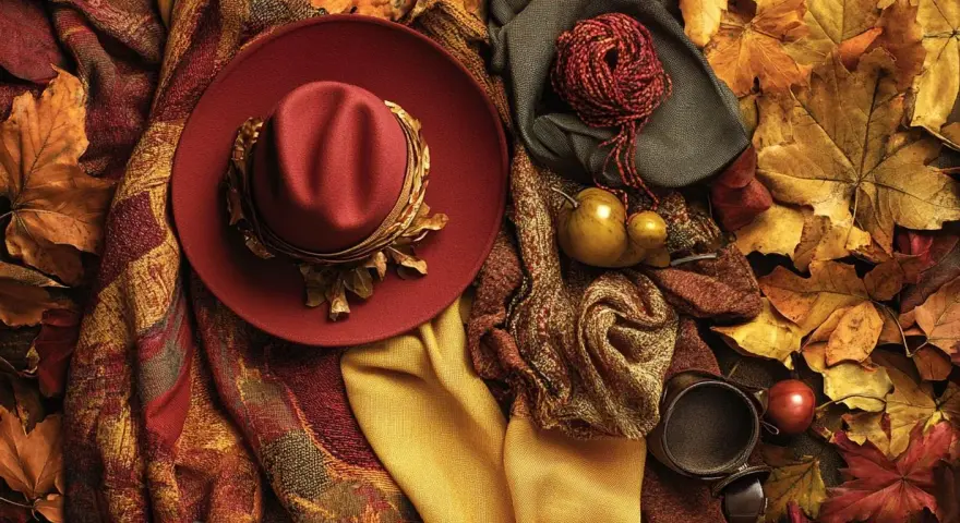 Cappello rosso, sciarpe, gomitolo e foglie autunnali creano un'atmosfera con **colori caldi**.