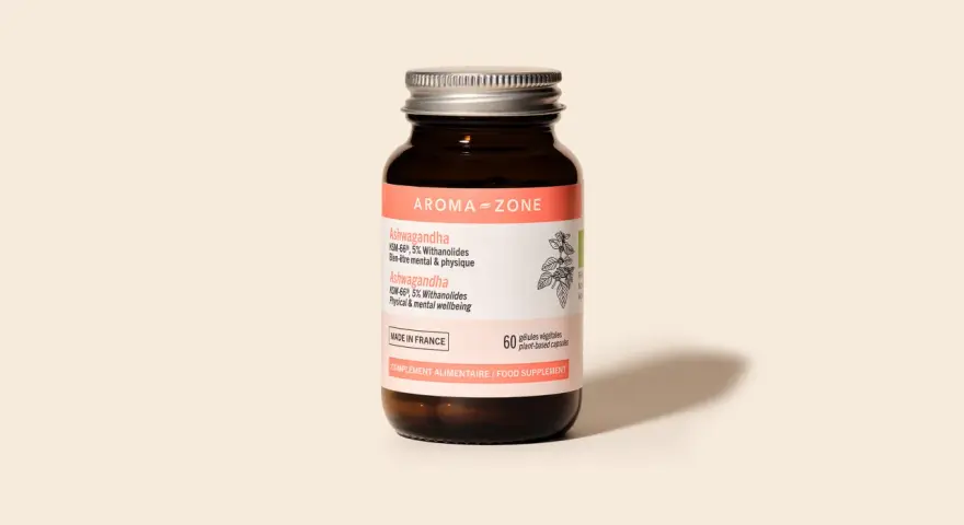 Flacone di integratore Ashwagandha Aroma-Zone. Molti credono che l'ashwagandha fa dimagrire, supportando benessere fisico e mentale.