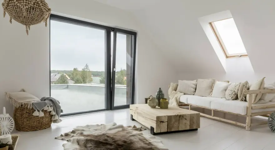 Un salotto con un divano bianco, tavolino in legno grezzo e tappeto in pelliccia, in un accogliente stile boho chic casa.