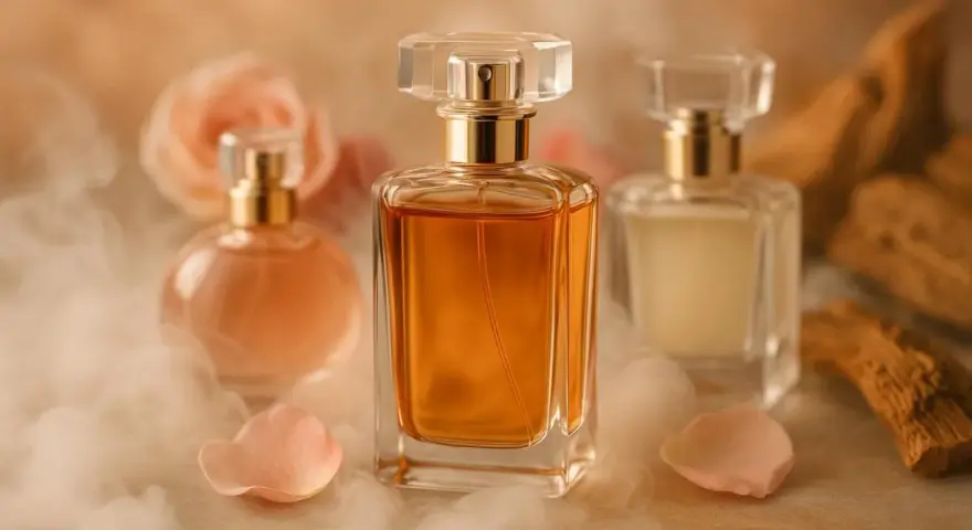 Flaconi di essenze profumi famosi, con petali di rosa e fumo leggero, evocano un'atmosfera di lusso e seduzione.