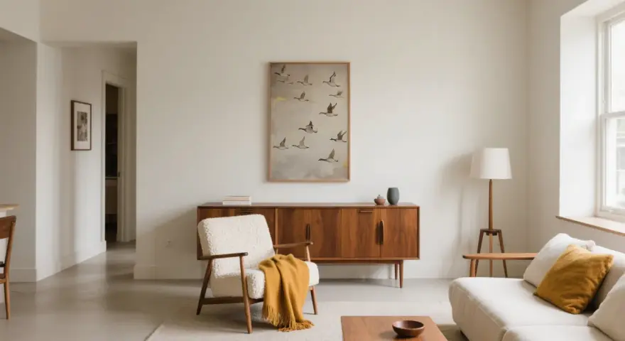 Un soggiorno in stile wabi sabi con poltrona in lana bouclé, credenza in legno e quadro di oche in volo.