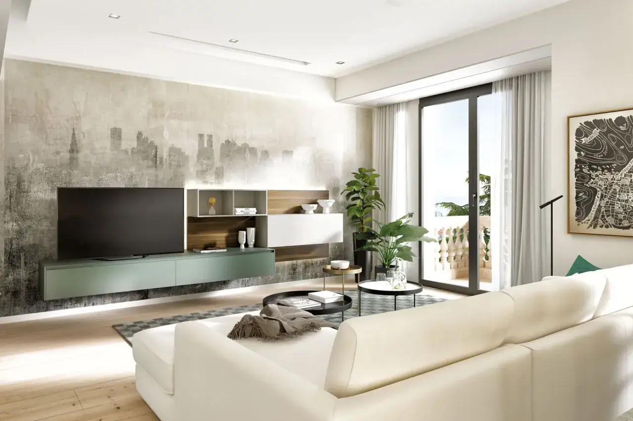 Arredare soggiorno grande con parete attrezzata moderna, divano bianco e carta da parati effetto skyline.