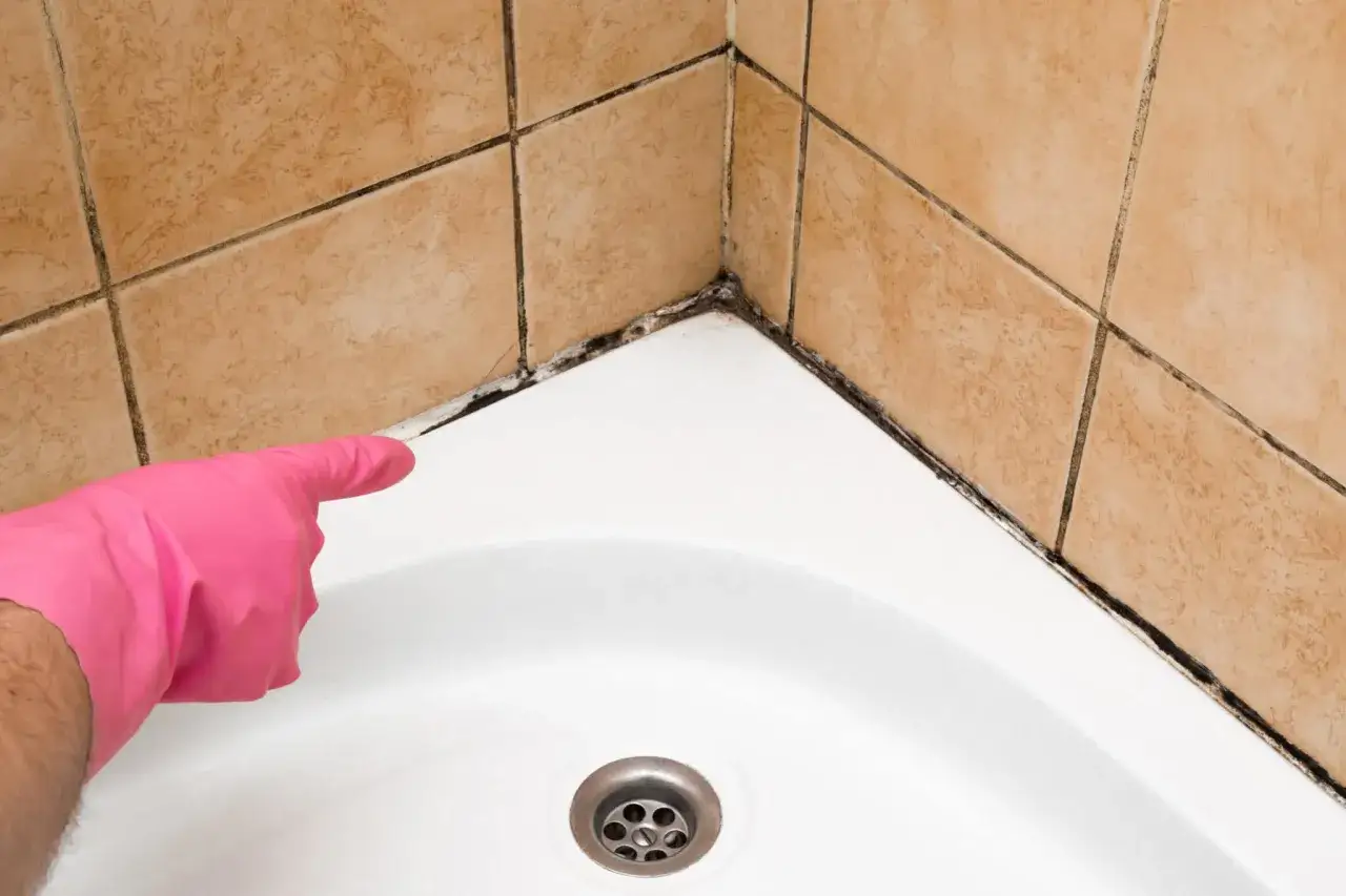 Muffa tra le piastrelle del bagno. Guanto rosa indica l'area da pulire per come pulire le piastrelle del bagno.