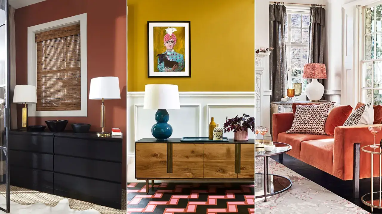 Tre scene di interni con mobili moderni e decorazioni, dominano i colori caldi come arancio, ocra e terracotta.