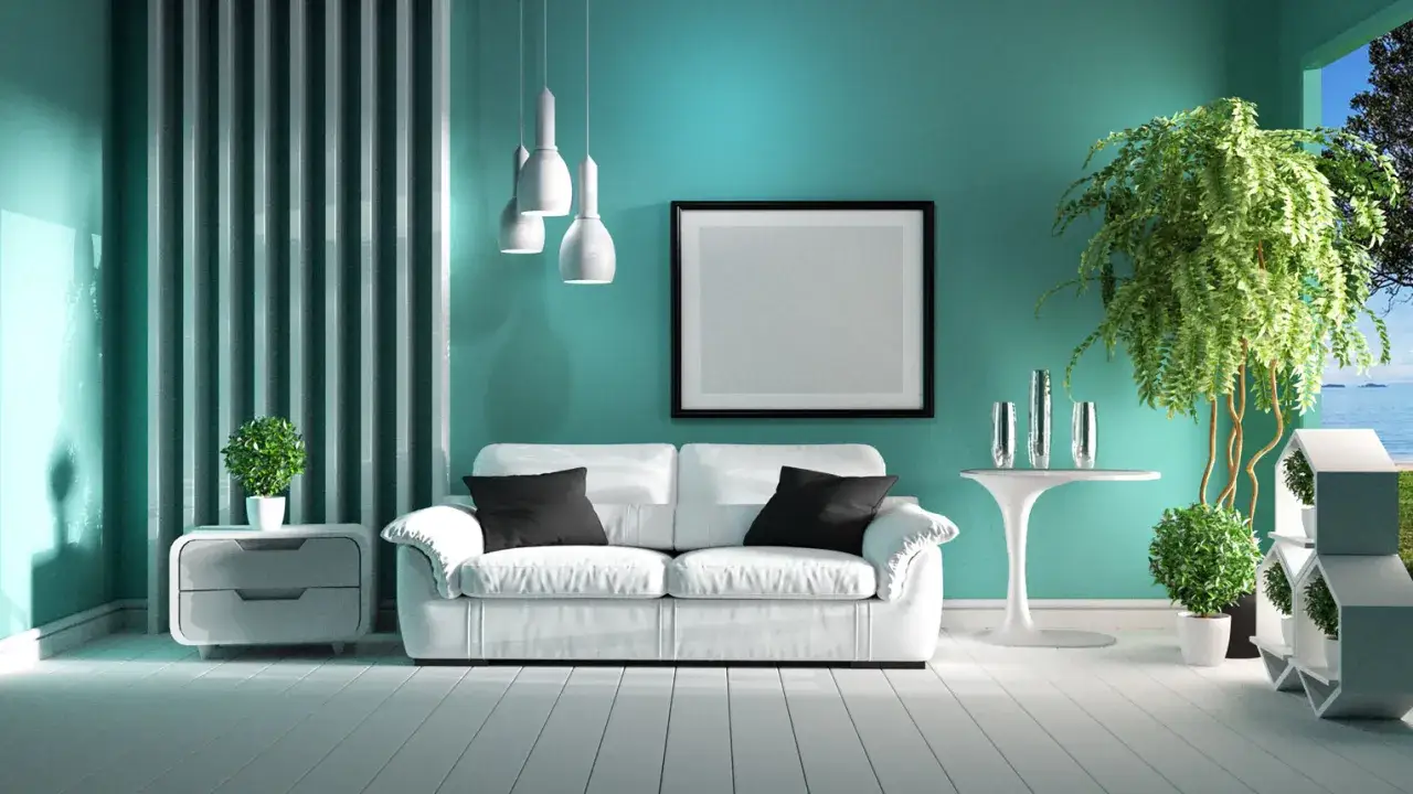 Soggiorno moderno con divano bianco, piante e pareti color verde acqua. La luce filtra creando un'atmosfera rilassante.