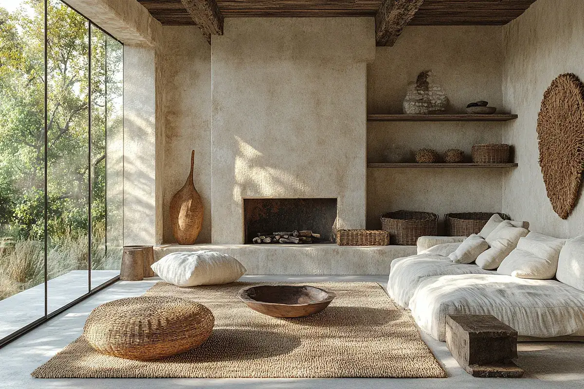 Salotto in stile wabi sabi con camino, divano bianco, cesto in vimini e grande finestra con vista sul verde.