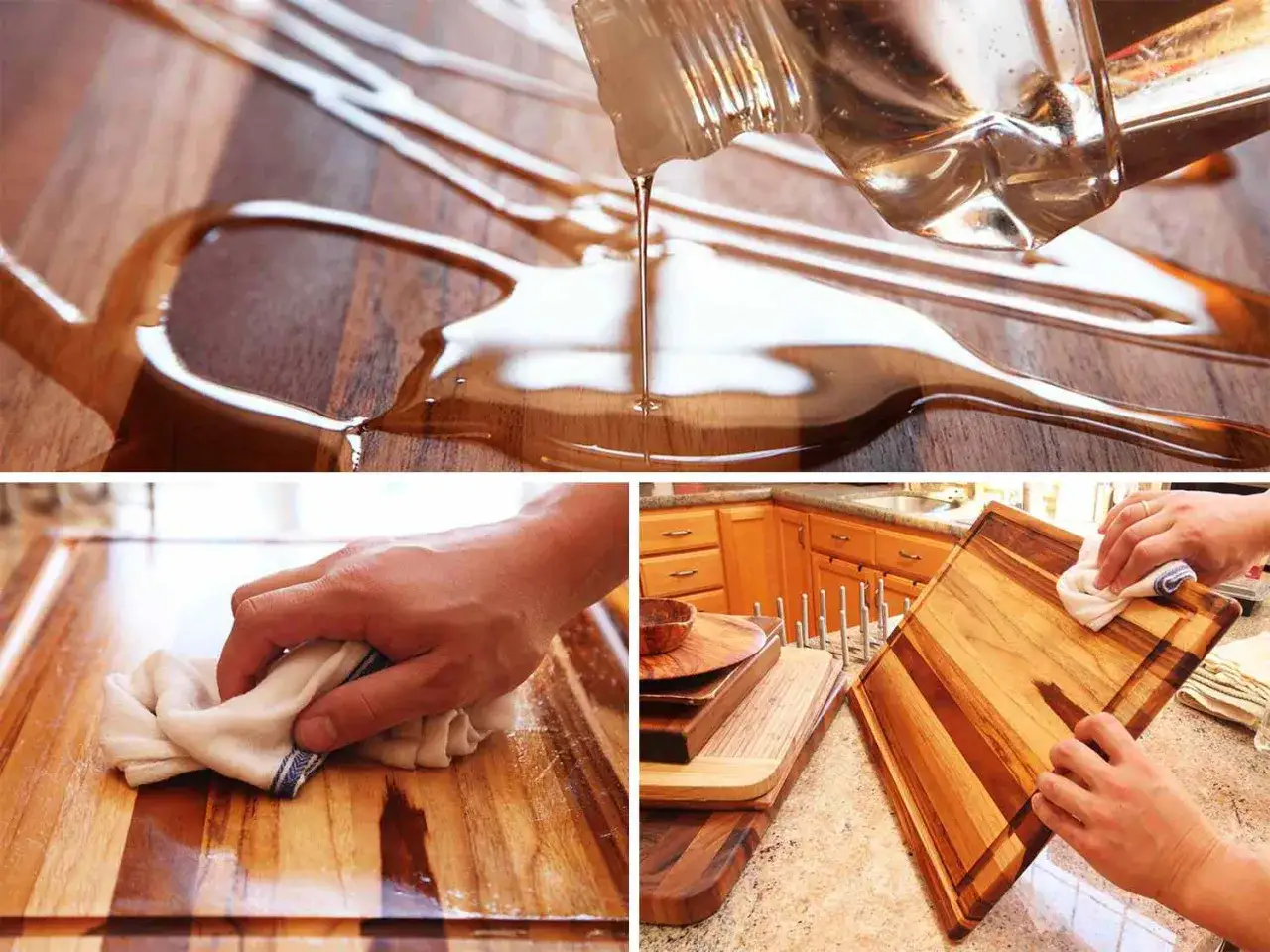 Olio versato su un tagliere di legno, poi pulito con un panno. Scopri come pulire tagliere di legno per mantenerlo al meglio.