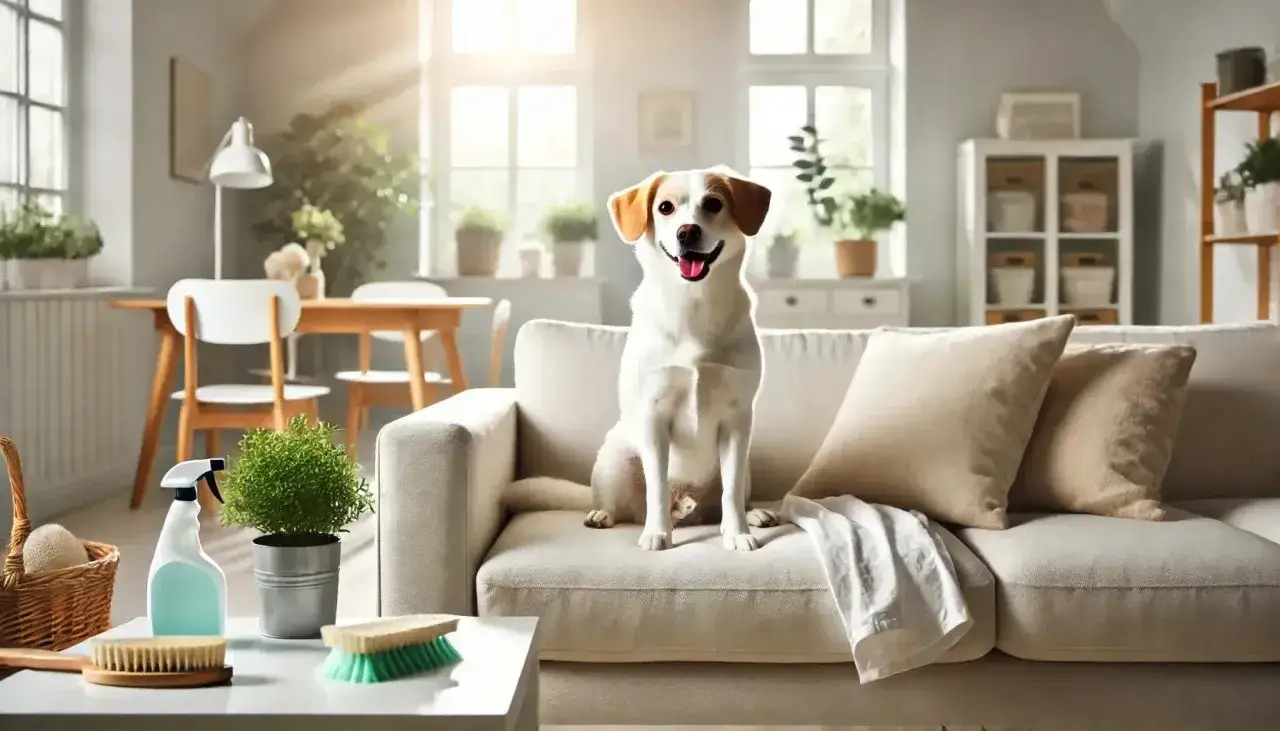 Cane felice sul divano, con prodotti per la pulizia a portata di mano, per sapere come eliminare gli odori in casa e mantenere un ambiente fresco.
