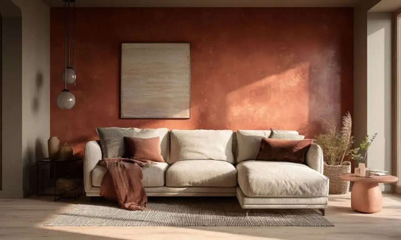 Soggiorno con divano beige, cuscini color terra e coperta in coordinato. L'abbinamento colori arredamento valorizza la parete terracotta.