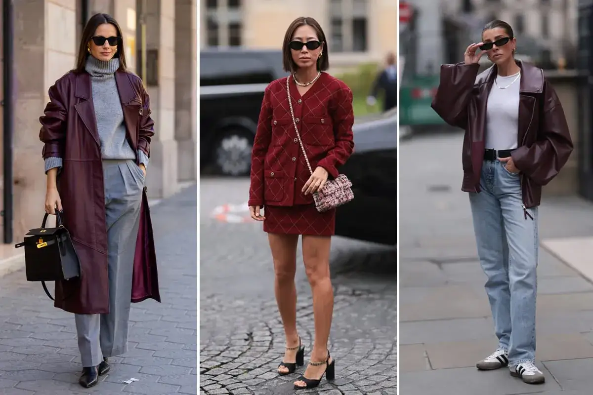 Tre donne sfoggiano outfit eleganti nel colore vinaccia: un trench in pelle, un completo giacca e minigonna, e una giacca biker.