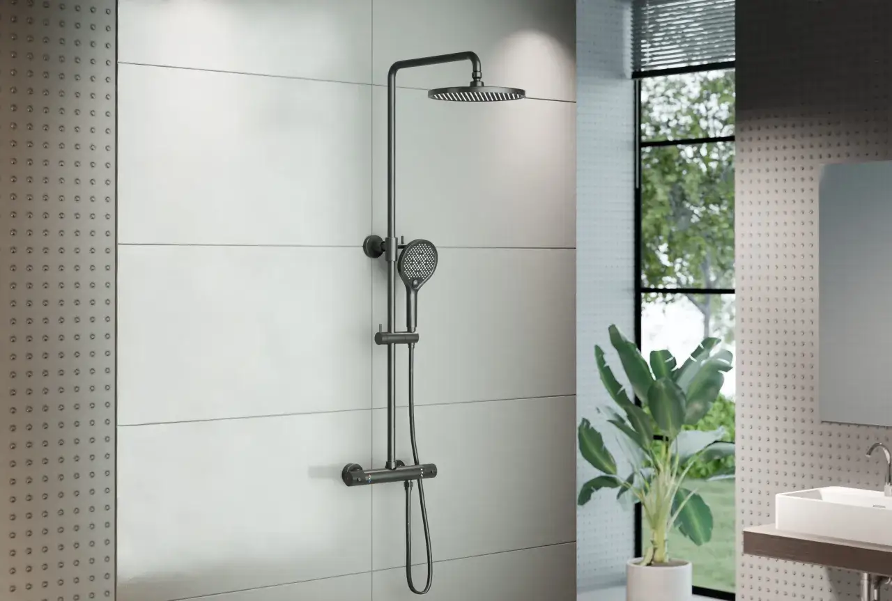 Doccia moderna in finitura nera opaca, un'ottima idea per il tuo bagno. Pareti con piastrelle bianche e dettagli metallici.
