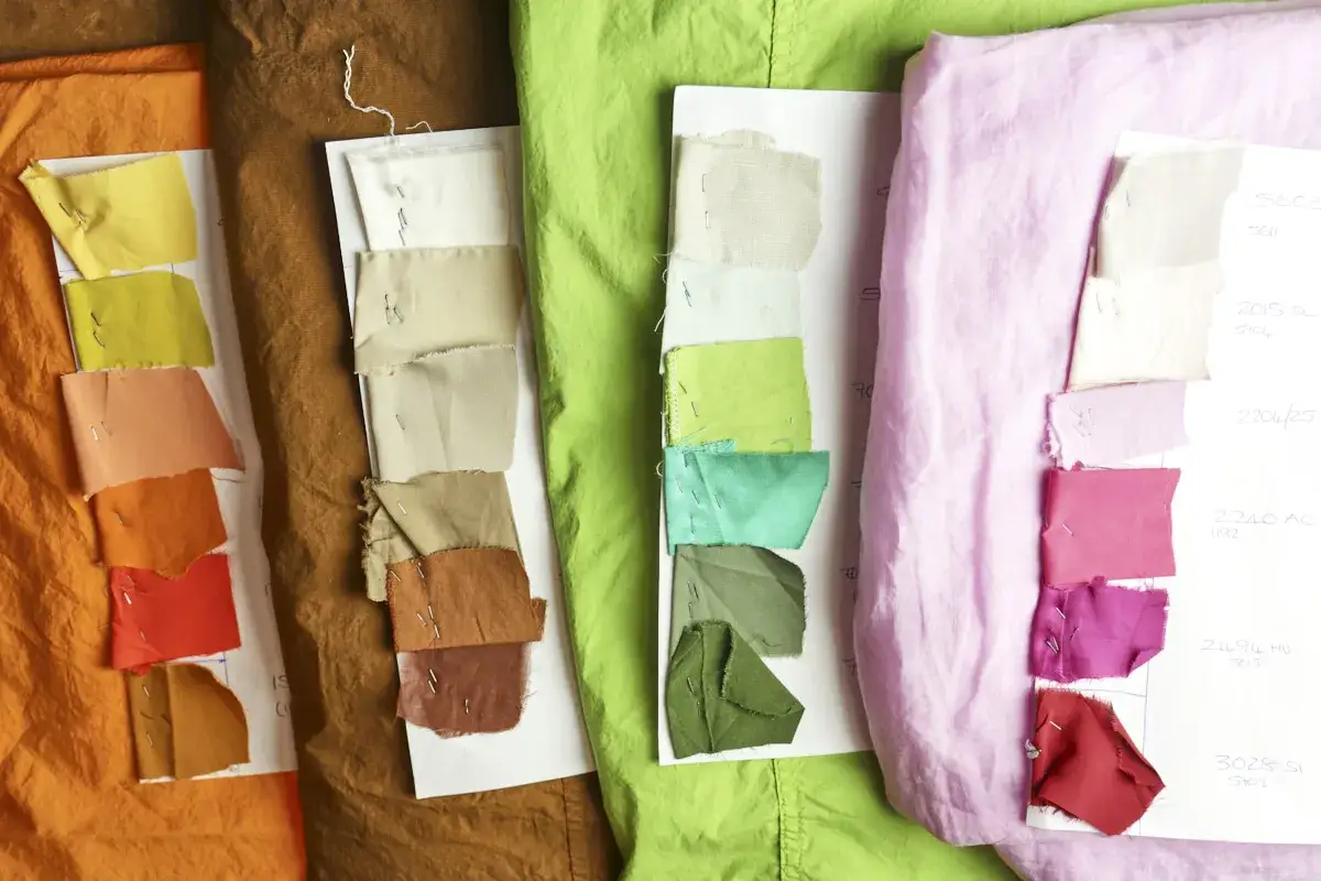 Tessuti con campioni di colori primaverili: arancio, giallo, rosa, verde e marrone.