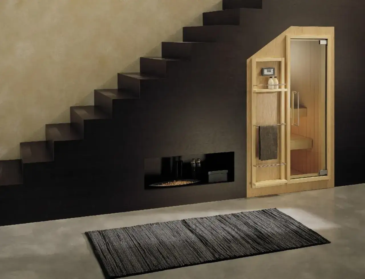 Un'elegante soluzione per arredare sottoscala a vista: una sauna compatta integrata, con nicchia portaoggetti e tappeto coordinato.