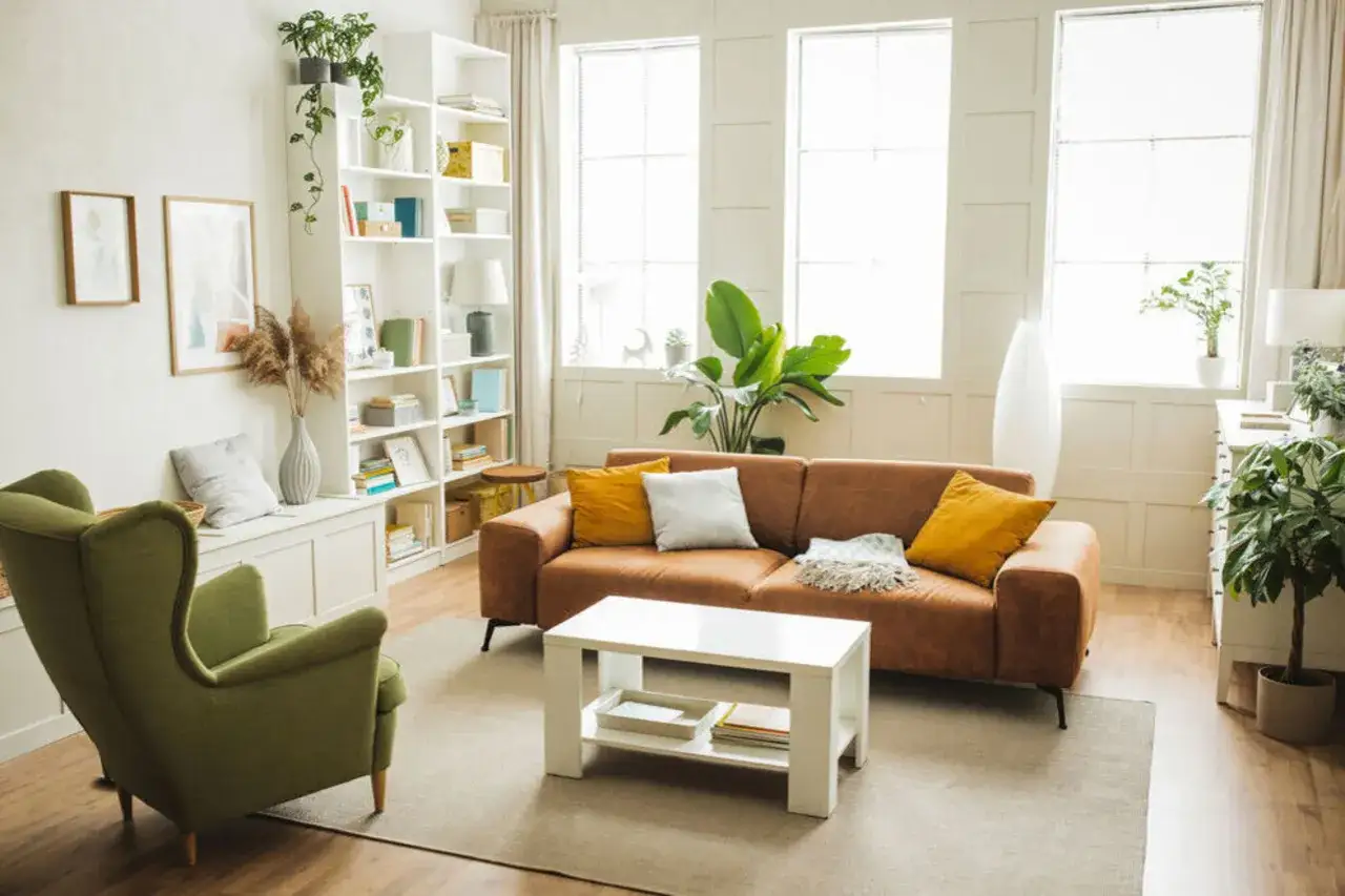 Un accogliente soggiorno con divano marrone, poltrona verde e libreria. Un ambiente sereno per capire come combattere la solitudine in casa, circondati da piante e luce naturale.