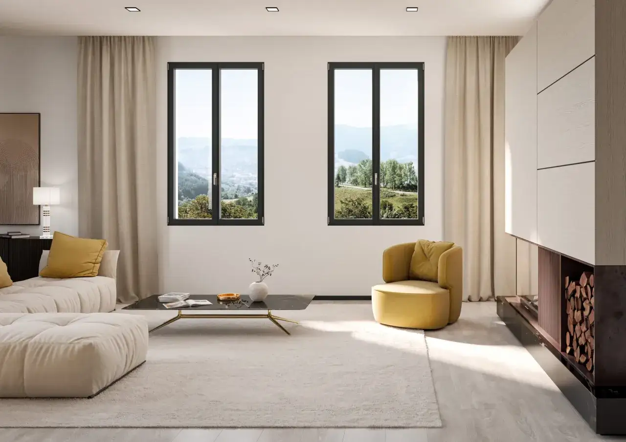 Soggiorno con camino moderno, divano chiaro, poltrona gialla e tavolino. L'arredamento minimalista &egrave; esaltato dalla vista panoramica dalle finestre.