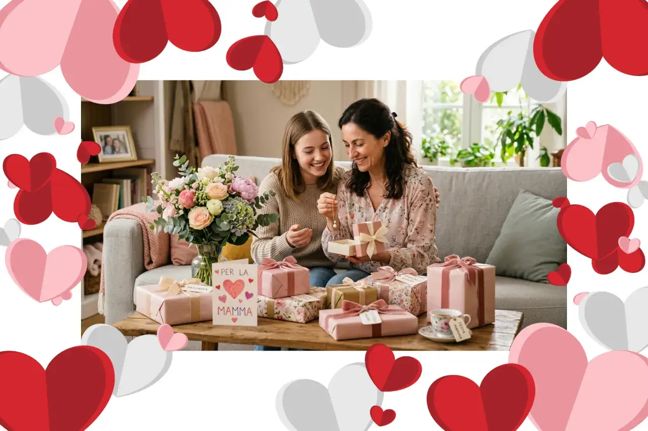 Regalo per la festa della mamma: una figlia dona una collana alla madre, circondate da pacchi regalo e fiori.