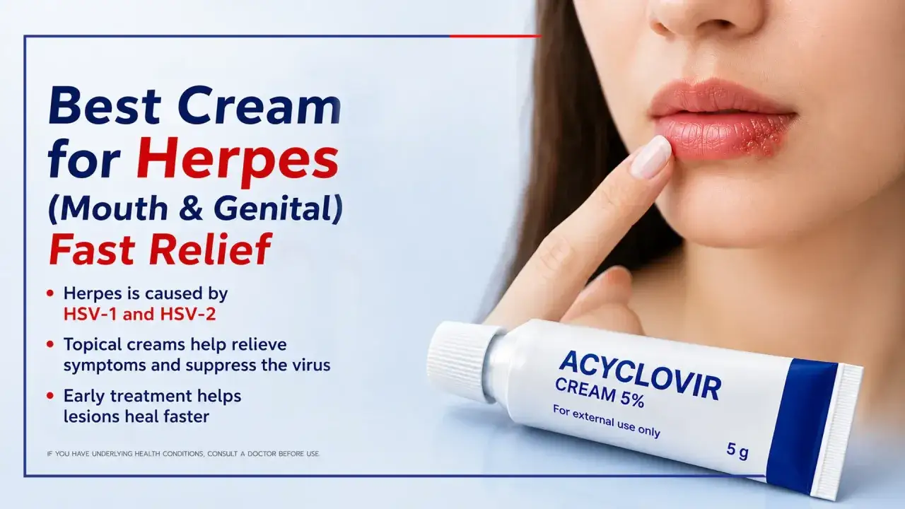 Labbra con herpes e tubo di pomata Acyclovir. La crema per herpes genitale offre sollievo rapido.