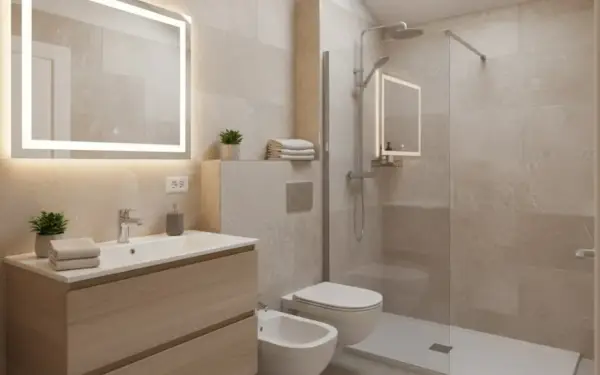 Bagno moderno con mobile lavabo in legno, specchio luminoso e doccia a filo pavimento. Ottime idee bagno per un look minimalista.