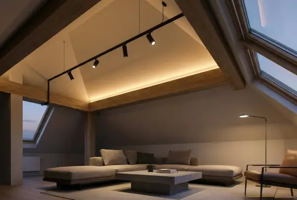 Accogliente mansarda con tetto spiovente, illuminazione soffusa e travi a vista. Un moderno sistema di faretti illumina l'ambiente, creando un'atmosfera calda e rilassante.