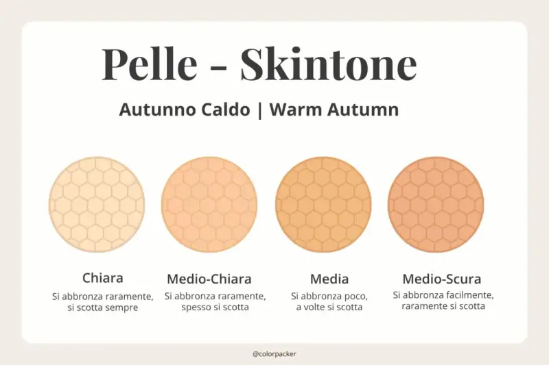 Tonalità di pelle autunno warm palette: da Chiara a Medio-Scura, con descrizioni sull'abbronzatura.