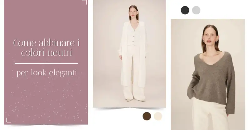 Look eleganti con colori neutri. Modella indossa un completo bianco e un maglione grigio, entrambi con colori desaturati.